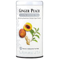 Tea canister labeled 'Ginger Peach 100% White Tea' with images of a peach, ginger root, and tea leaves on a white background.