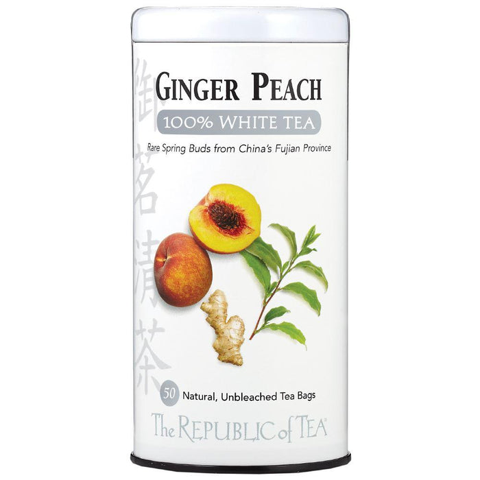 Tea canister labeled 'Ginger Peach 100% White Tea' with images of a peach, ginger root, and tea leaves on a white background.