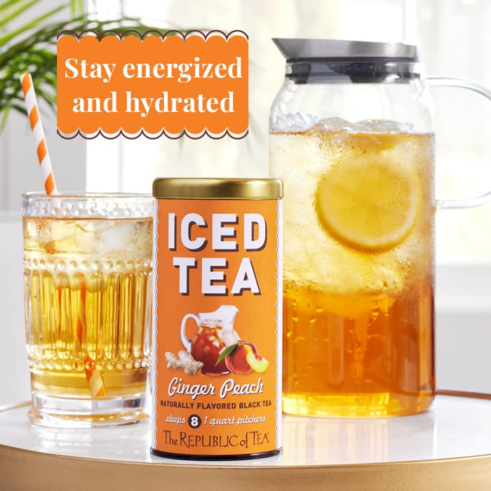 Republic of Tea iced tea packaging with a glass of iced tea and lemon slice on a table inside.