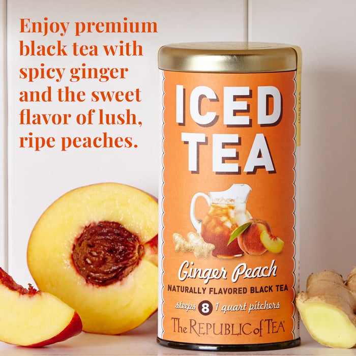 Can of Ginger Peach iced tea with peaches and ginger on a white background