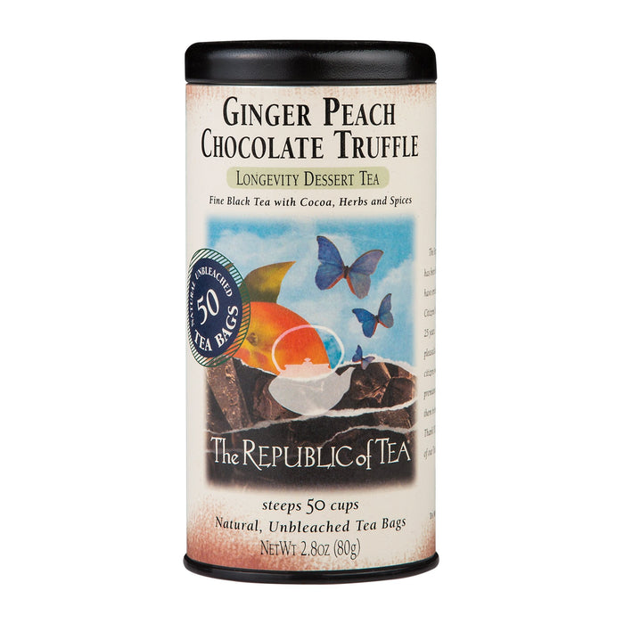 Tea canister labeled 'Ginger Peach Chocolate Truffle' from 'The Republic of Tea' on a white background