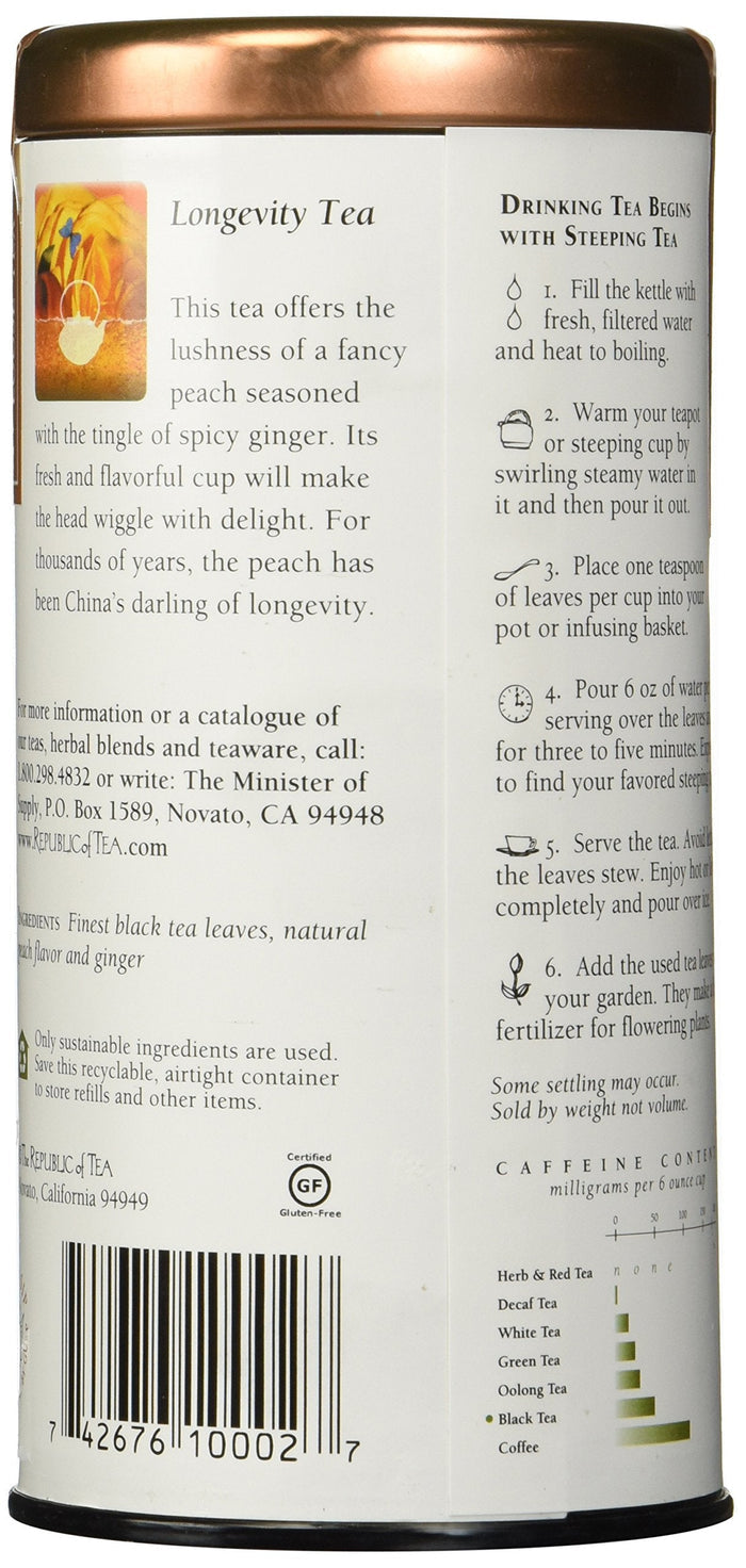 Tea canister with label detailing tea type and brewing instructions.