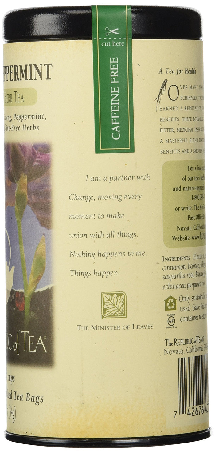 Tea canister with peppermint flavor and caffeine-free label on a beige background