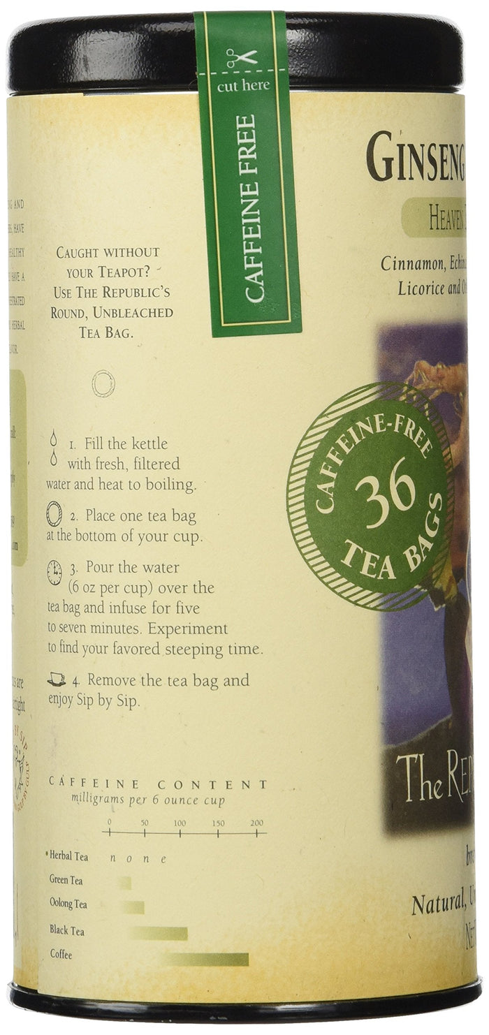 Caffeine-free Ginseng Herbal tea canister with green label on beige background