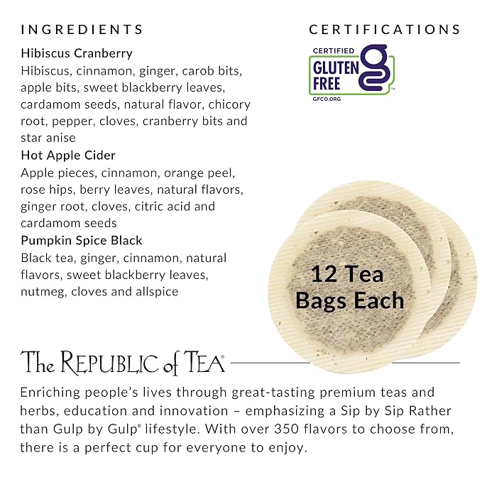 Tea bag packaging with ingredients list and certifications on a white background