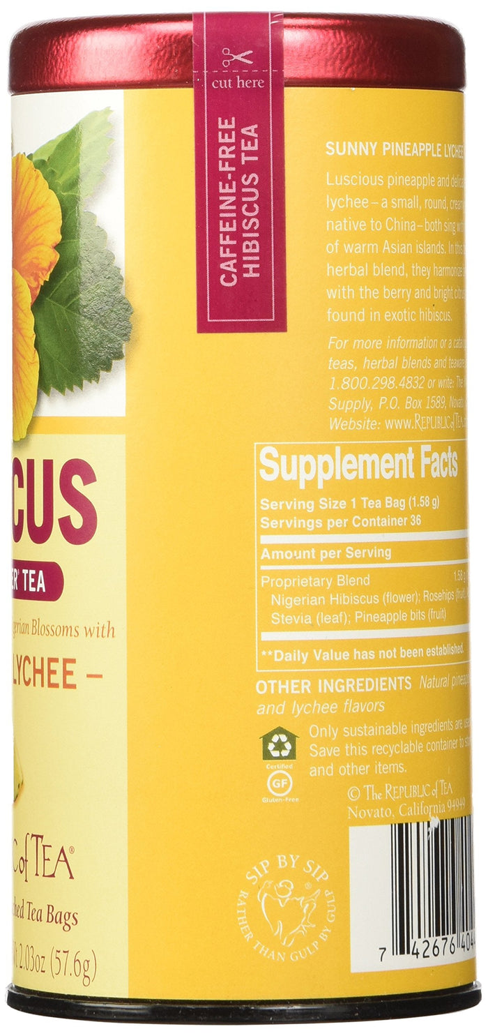 Caffeine-free hibiscus tea canister with yellow label and red lid.
