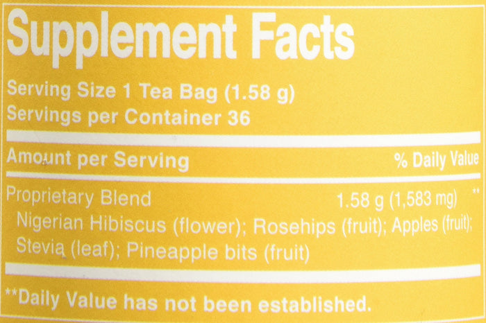 Supplement facts label for a tea product with ingredients listed on a yellow background.