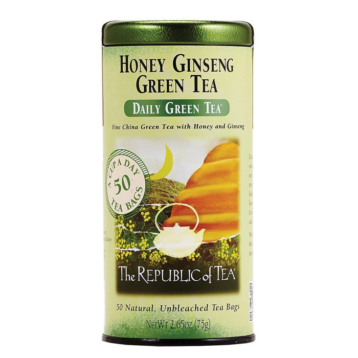 The Republic of Tea Honey Ginseng Green Tea Bags 50 Ct. canister displayed on a white background