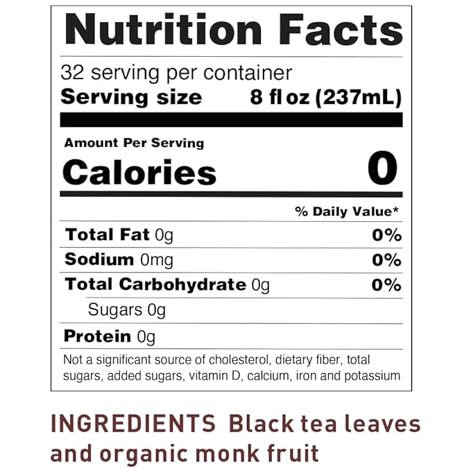 Nutrition facts label for a product with black tea leaves and organic monk fruit, showing 0 calories per serving.