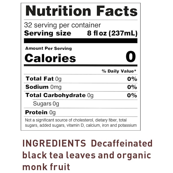 Nutrition facts label for a sweet decaf black tea.
