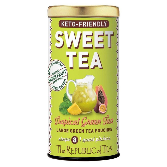 A tin of The Republic of Tea Keto-Friendly Sweet Tropical Green Tea Tea with the label showing the product name and the brand's logo.