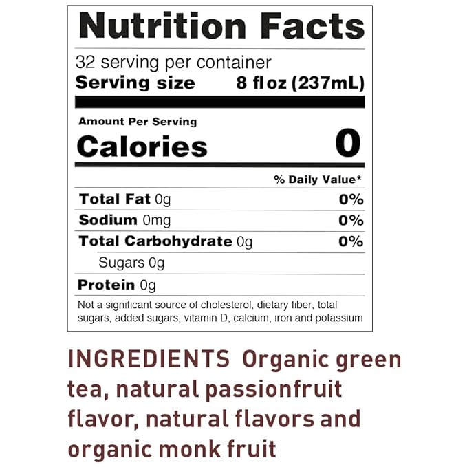 Nutrition facts label for a product with organic green tea and passionfruit flavor.