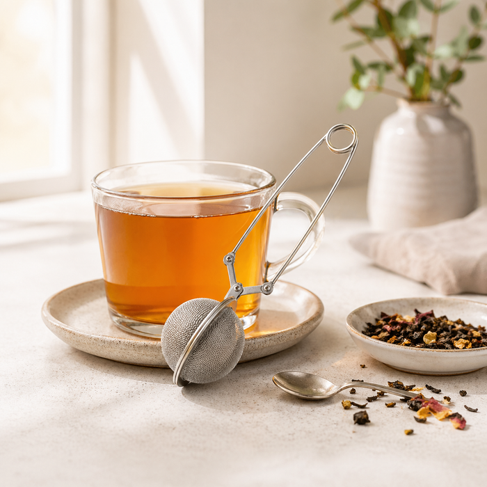 Little dipper tea infuser leaning against a clear, glass mug of tea next to tea leaves on a a granite table in a living room