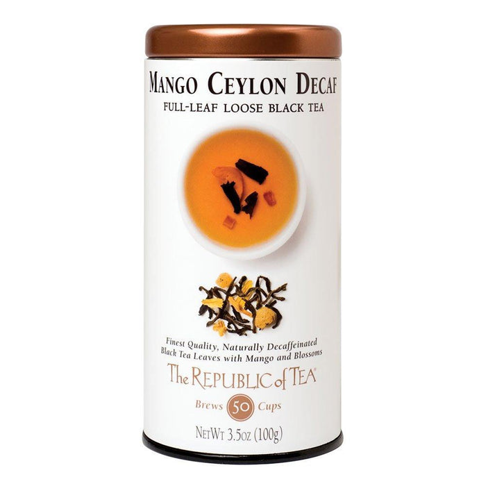 Tea canister labeled 'Mango Ceylon Decaf' from The Republic of Tea on a white background