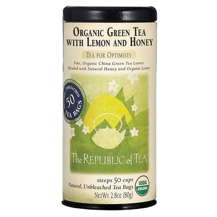 Tea canister labeled 'Organic Green Tea with Lemon and Honey' from 'The Republic of Tea' on a white background.