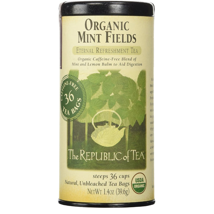 Tea canister labeled 'Organic Mint Fields' from 'The Republic of Tea' on a white background