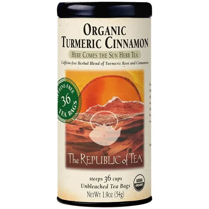 Canister of Organic Turmeric Cinnamon tea from The Republic of Tea on a white background