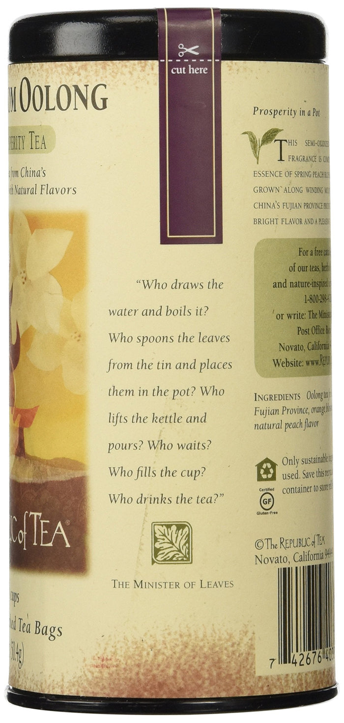 Tea canister with text and branding on a beige background