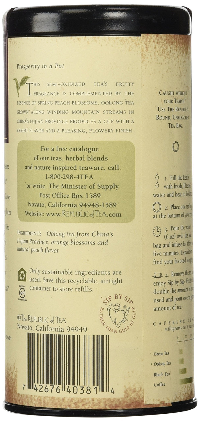 Republic of Tea tea canister with text and branding.