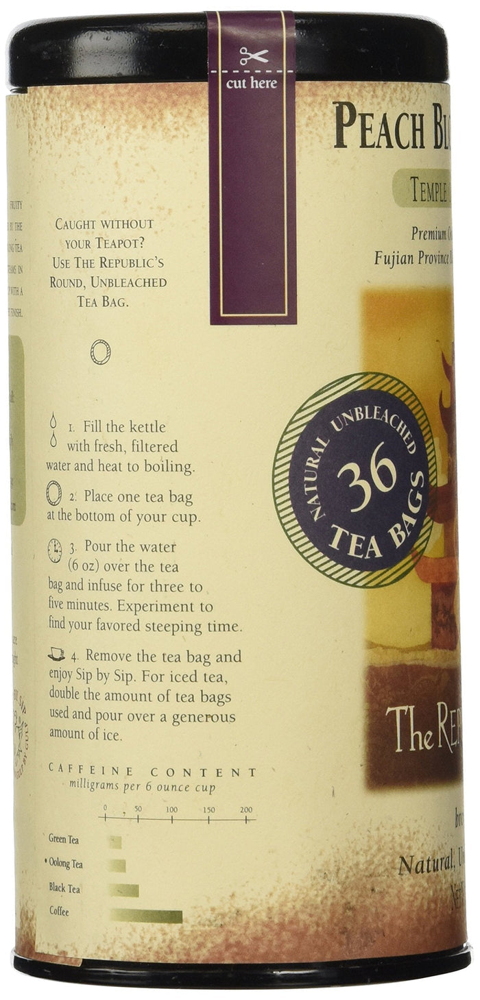 Tea canister with 'Peach Biltmore' branding and instructions on a beige background