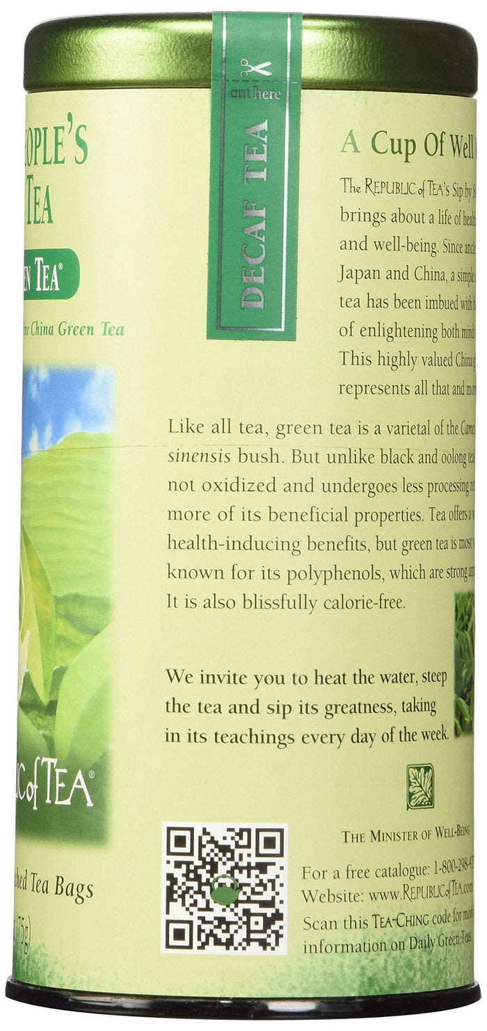 Tea canister with green lid and leaf design, featuring text and a QR code.