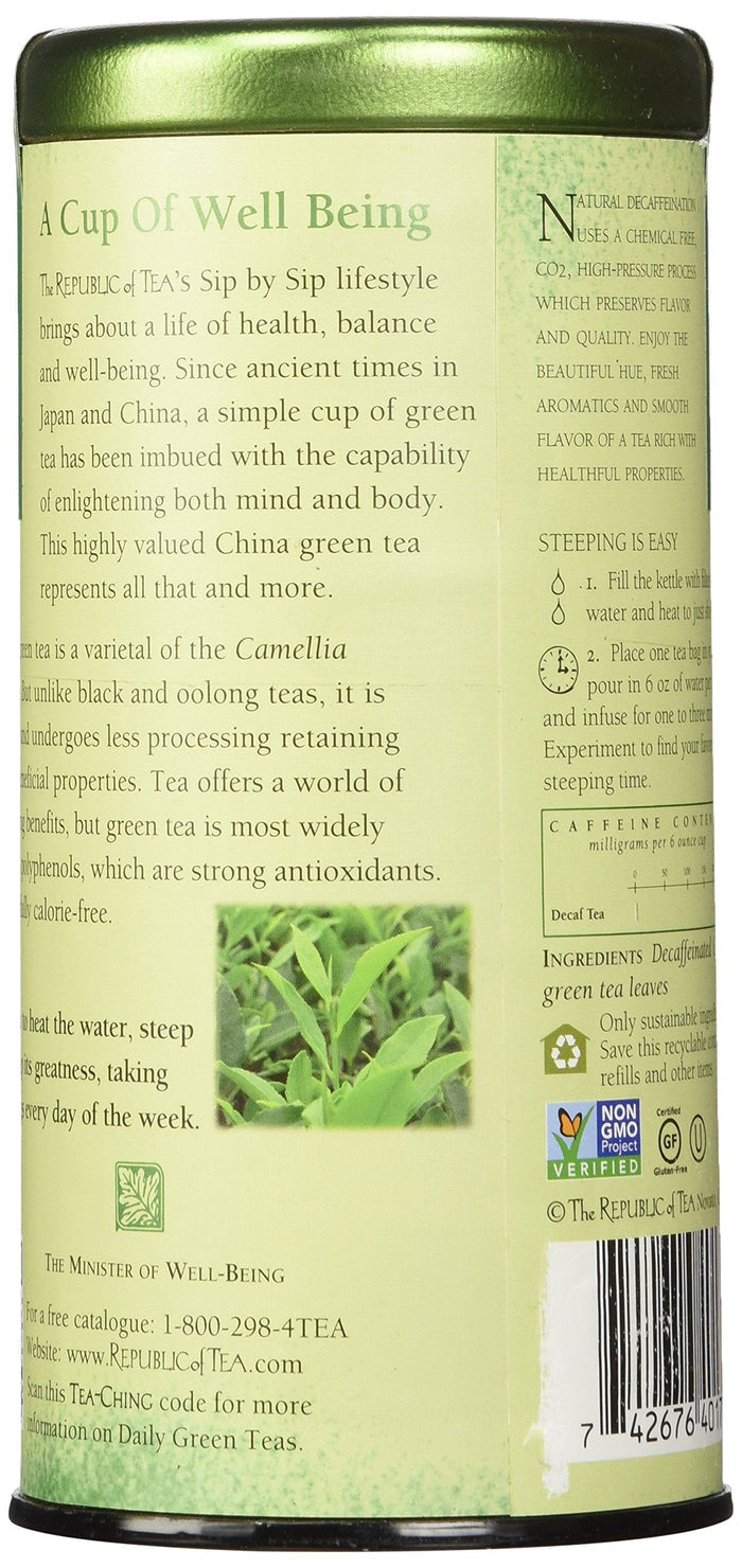 Tea canister with green label and text about tea benefits