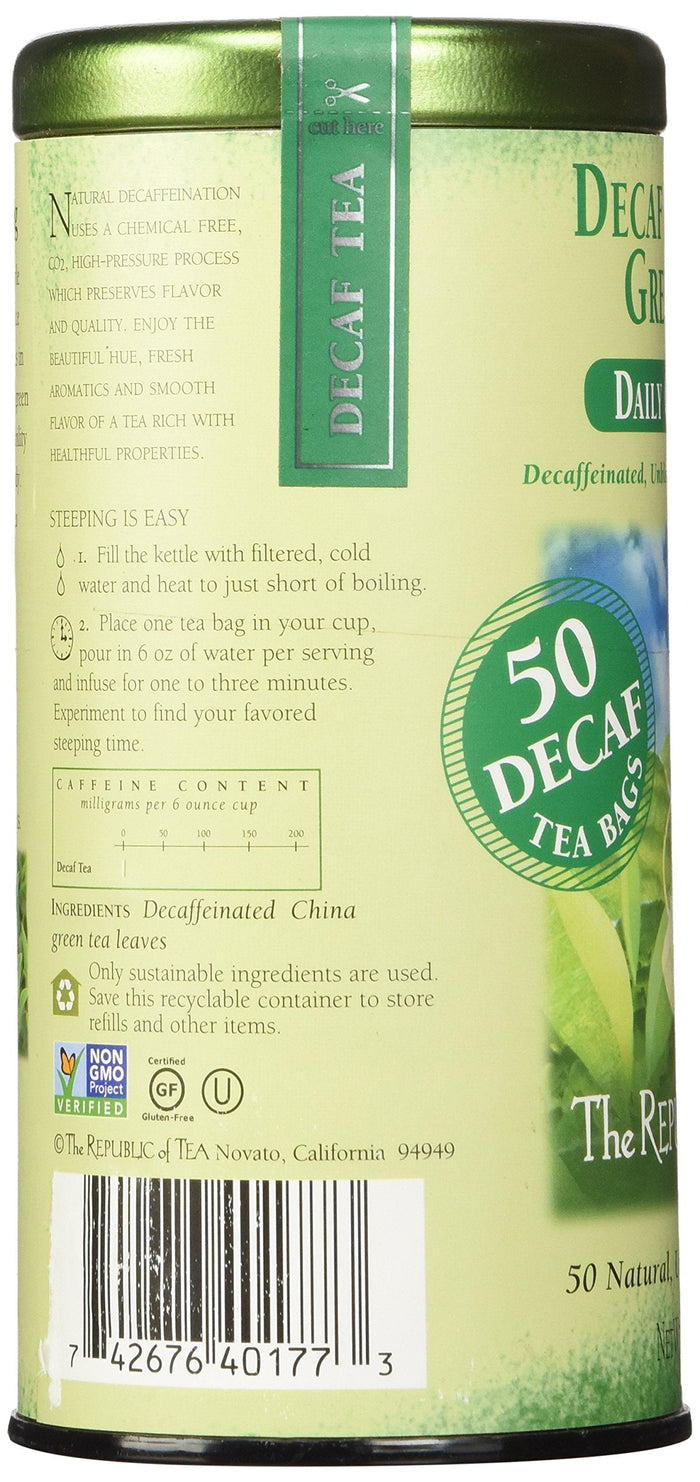 Decaf tea canister with green label and text