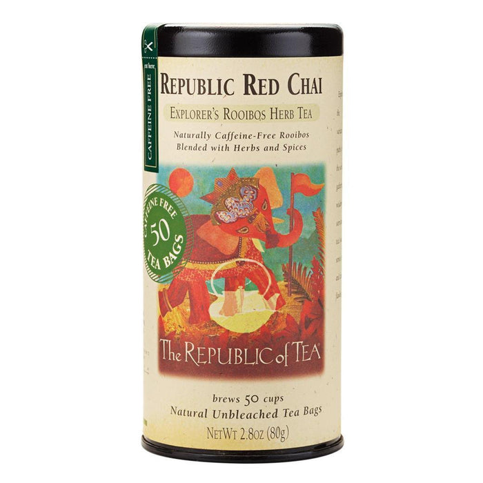 Republic Red Chai tea canister with colorful label on a white background