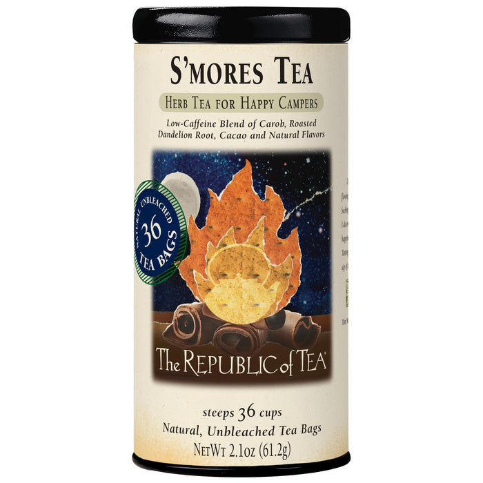 S'mores tea canister with campfire graphic and 'The Republic of Tea' branding on a white background