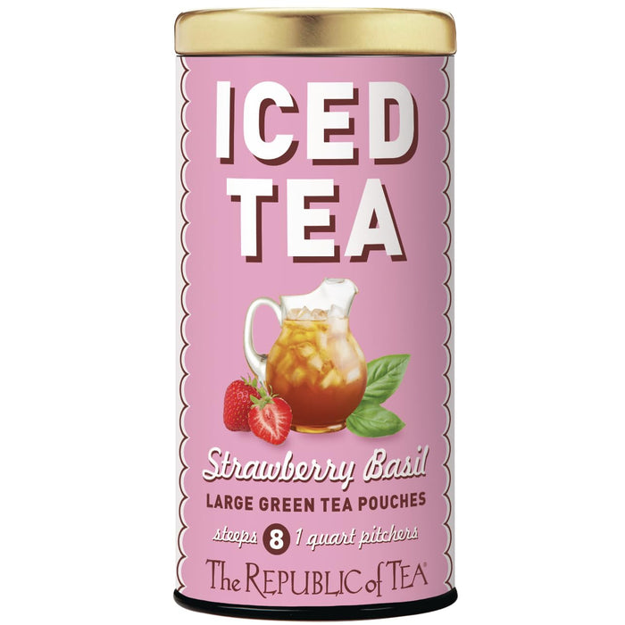 Canister of Strawberry Basil iced tea from The Republic of Tea on a white background