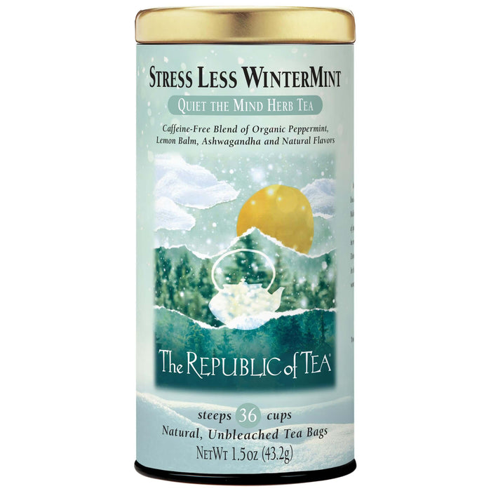 Tea canister labeled 'Stress Less Wintermint' from 'The Republic of Tea' on a white background
