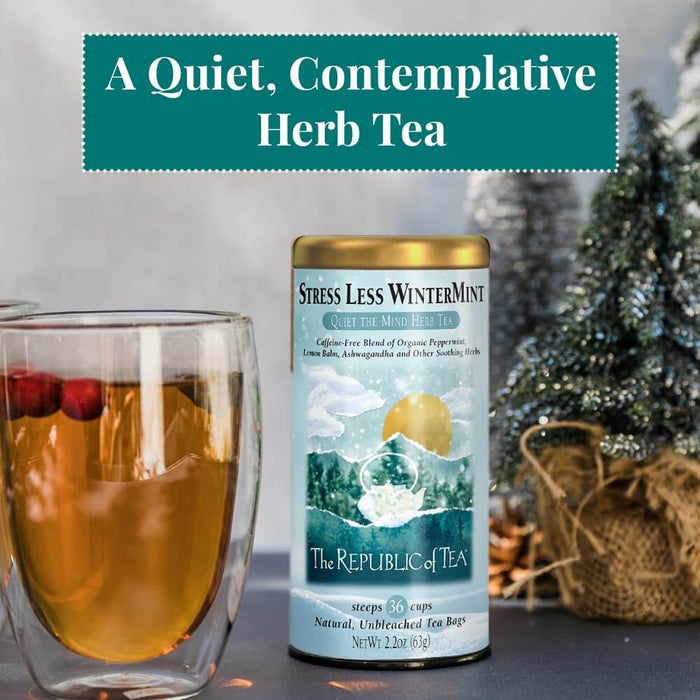 Tea canister labeled 'Stress Less Wintermint' from 'The Republic of Tea' with a glass of tea and decorative elements.