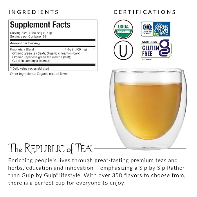 Tea packaging with ingredients, certifications, and a glass of tea.