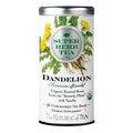A tin of The Republic of Tea Super Herb Dandelion Tea with 36 tea bags. The label shows the brand name, product name, and an illustration of dandelion roots and flowers.