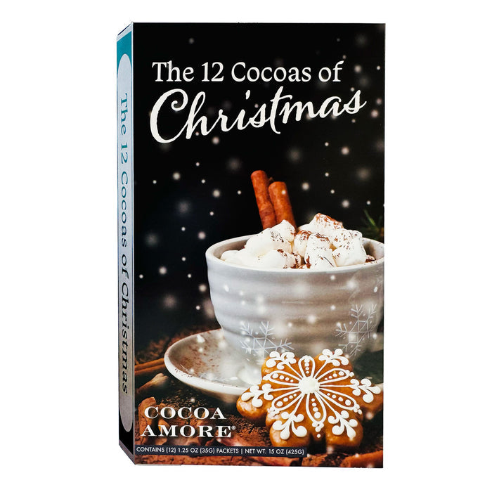 Cocoa Amore packaging for 'The 12 Coconos of Christmas' with a cup of hot chocolate and cookies on a dark snowy background.