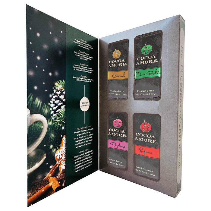 Open box of Cocoa Amore chocolate bars with a festive design on the left side.