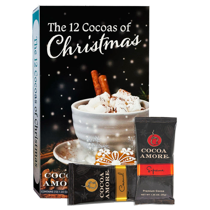 Cocoa Amore '12 CoCoas of Christmas' packaging with a cup of hot chocolate and marshmallows.