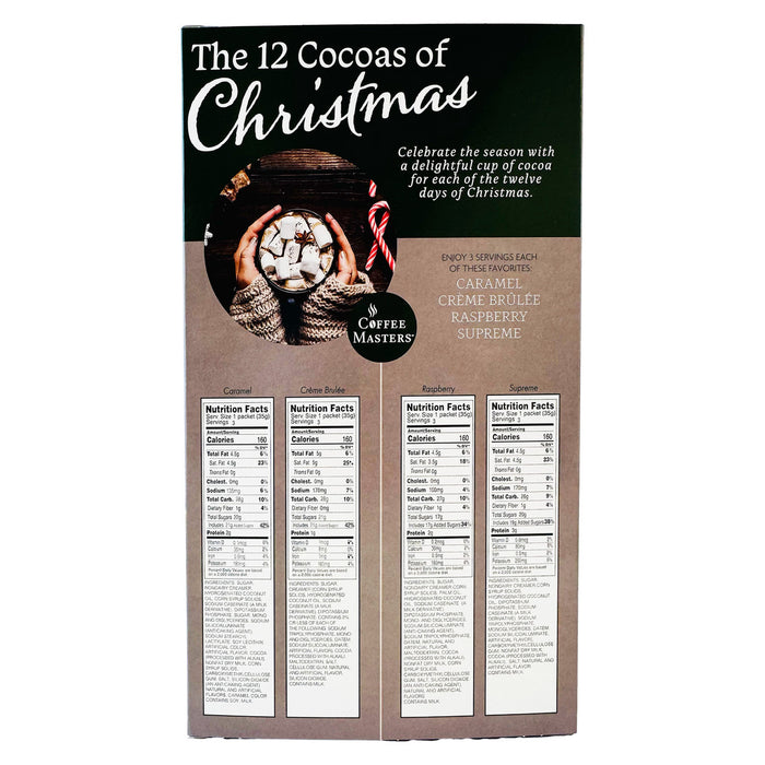 Packaging for 'The 12 Coceas of Christmas' with images of hands holding cocoa and a person wearing a sweater.
