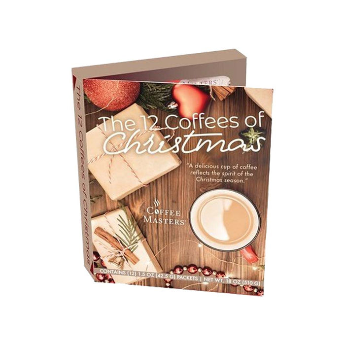 Packaging of 'The 12 Coffees of Christmas' by Coffee Masters with a wooden background and coffee cup illustration displayed on a white background