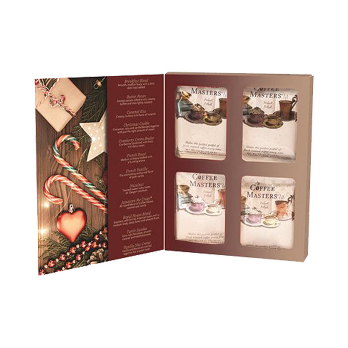 Packaging of 'The 12 Coffees of Christmas' by Coffee Masters opened up to the inside with different types of coffee pouches displayed on a white background
