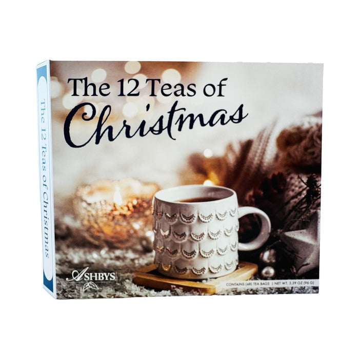 Box of 'The 12 Teas of Christmas' with a mug and decorative elements on a white background