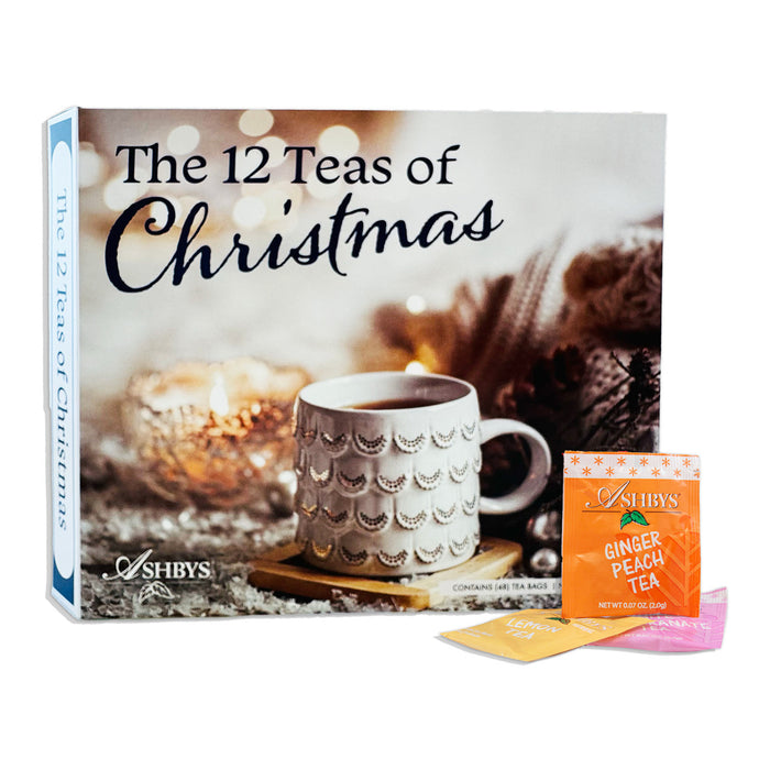 Box of 'The 12 Teas of Christmas' with a cup and tea bags on a white background