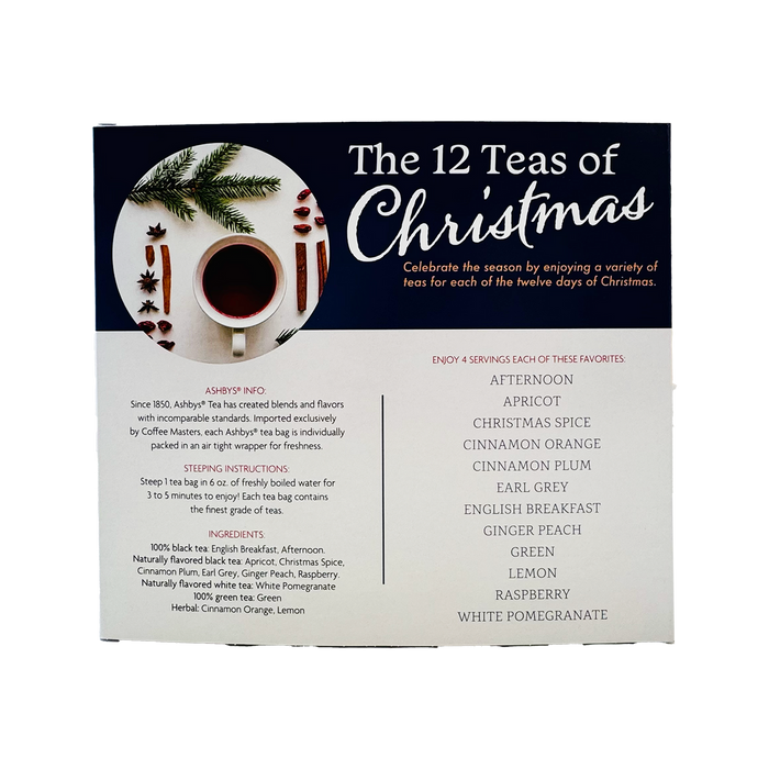 Box of 'The 12 Teas of Christmas' tea set with a cup and festive design.
