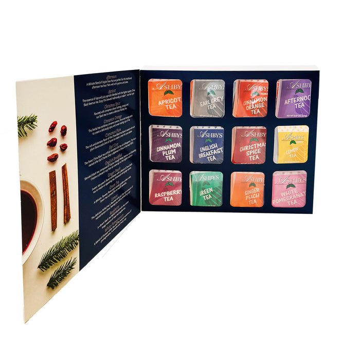 Tea bag set with colorful packaging in a display box, featuring a leaflet on the left on a white background.