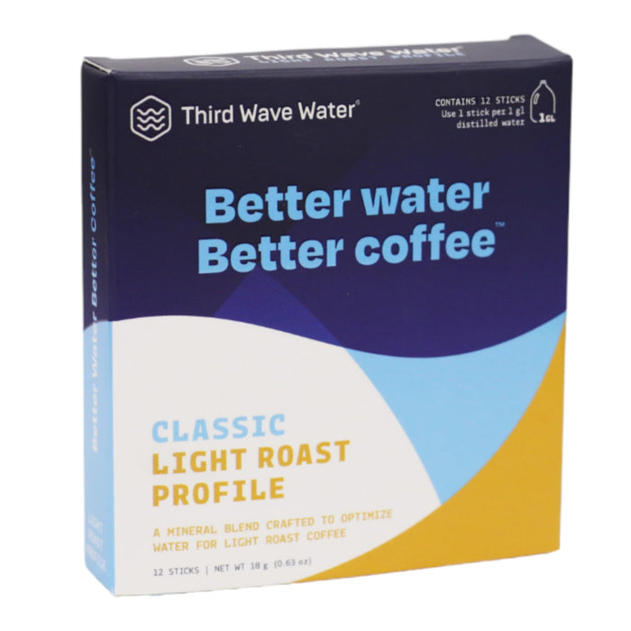 Third Wave Water packaging for Classic Light Roast Profile with blue, white, and yellow design on white background