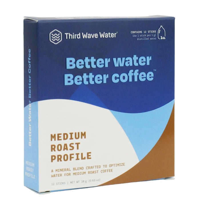 Third Wave Water packaging with blue and brown design for medium roast profile on a white background