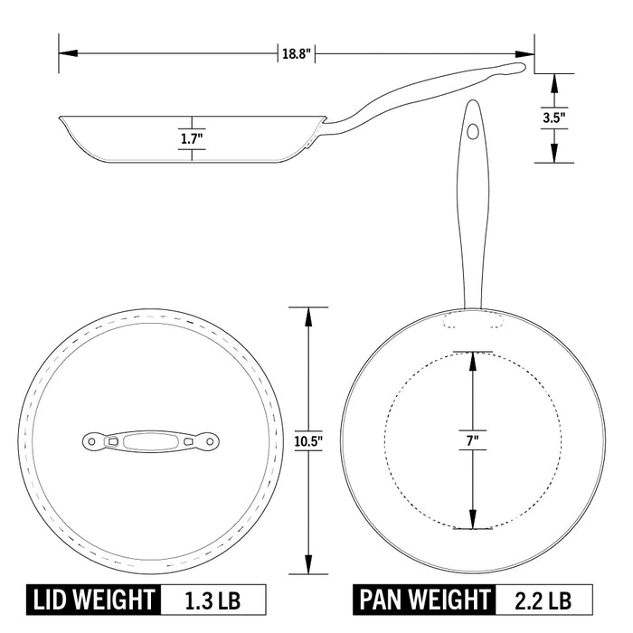 Technical drawing of a frying pan with dimensions and weights labeled