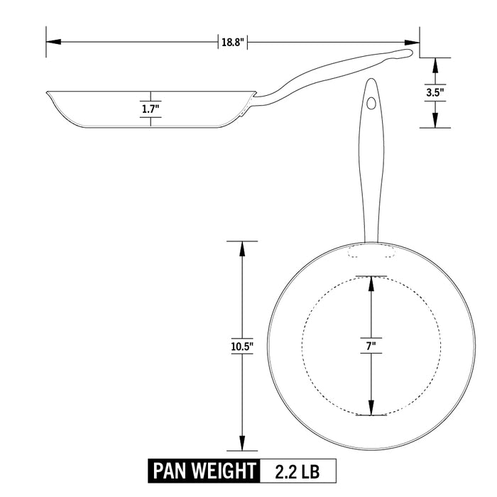 Technical drawing of a frying pan with dimensions and weight label.