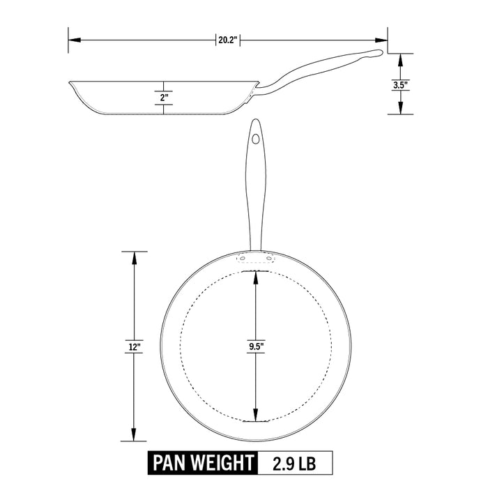 Technical drawing of a frying pan with dimensions and weight label on a white background