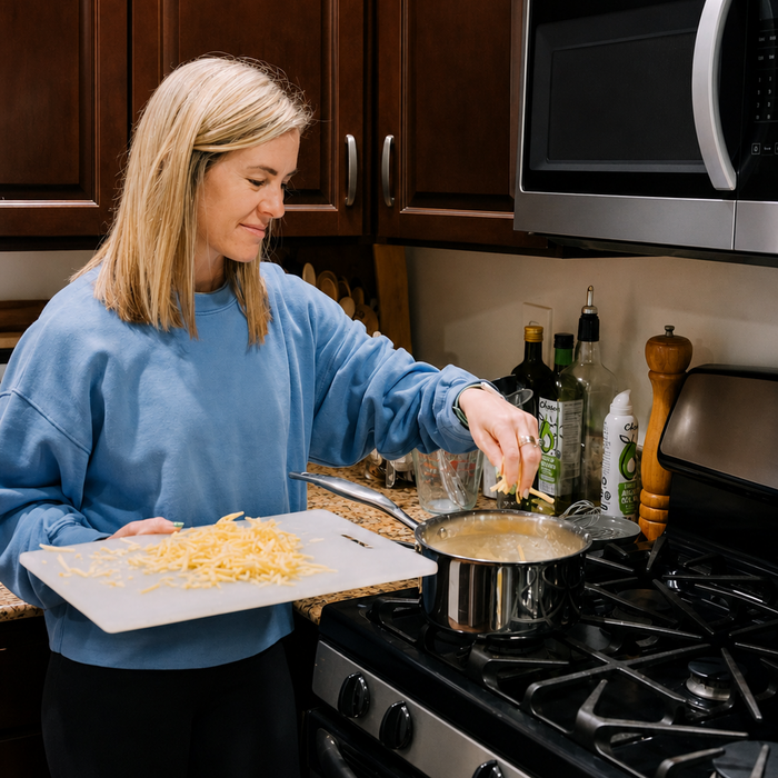 Woman cooking in a kitchen, adding ingredients to a pot on the stove.